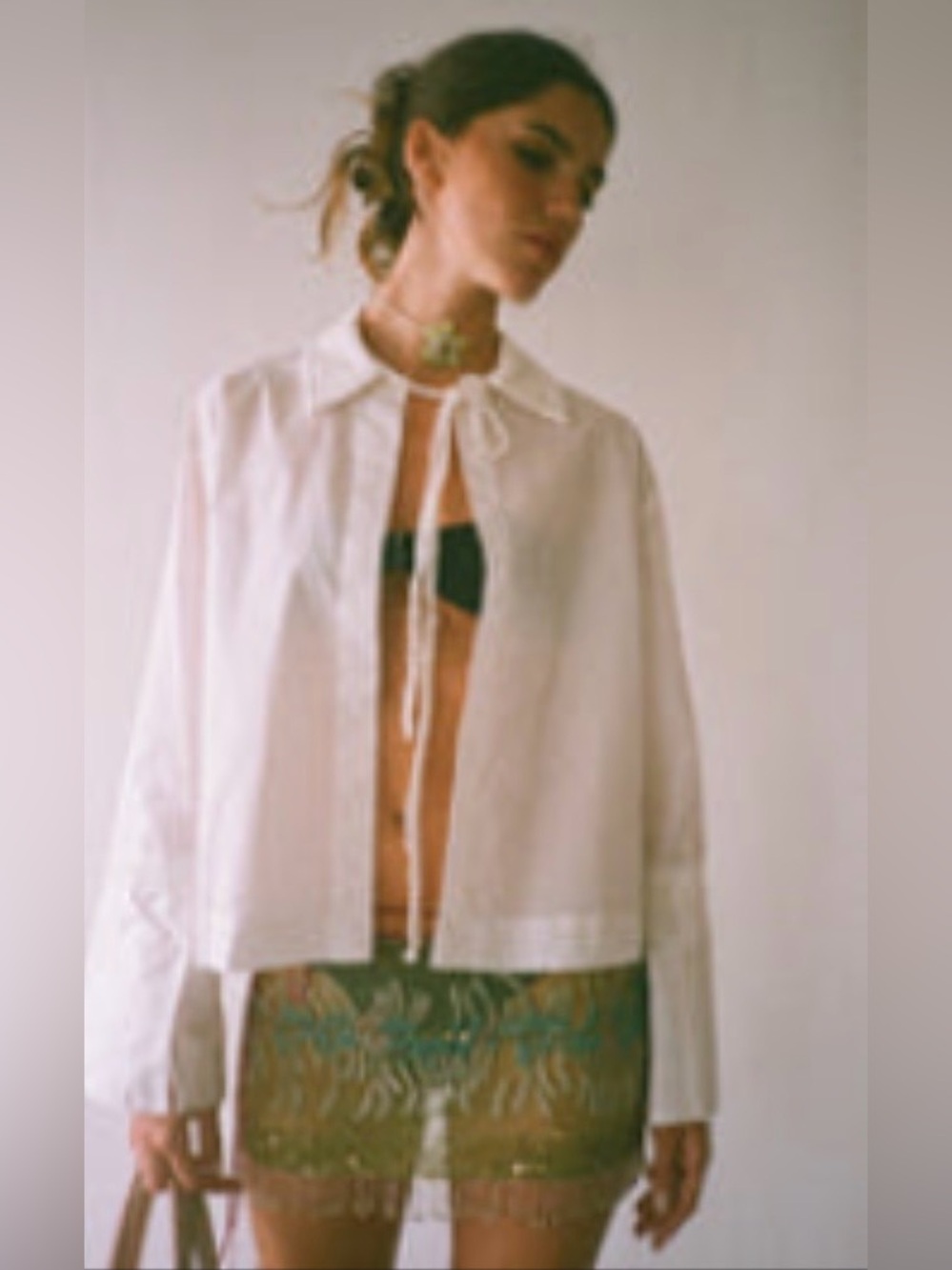 THE GARMENT White Cotton Tie-Collar Blouse with Crochet Detail